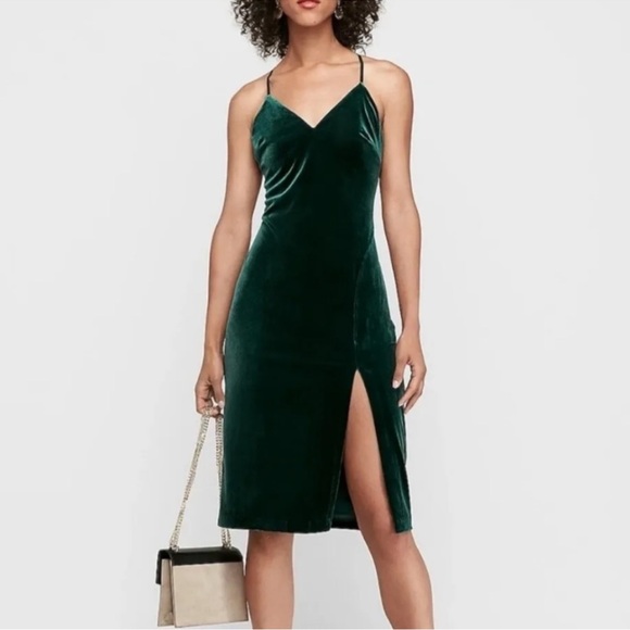 Express Green Velvet Crossback Spaghetti Strap Dress - Picture 1 of 8